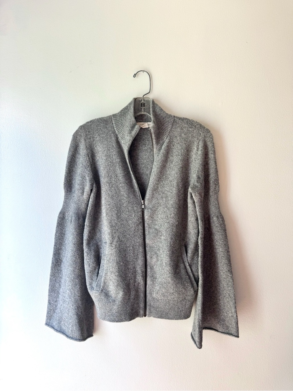 Treasure & Bond Gray Zip Up Knit Sweater Jacket With Flair Sleeves - Small
